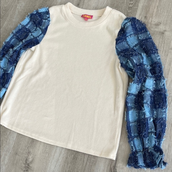 THML Denim Patchwork Puff Sleeve Top Short Long Sleeve White Blue Women L Cotton - Picture 3 of 12